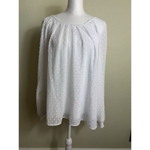 Notations Women's Top White Size XL Textured Long Sleeve Lined‎ Tie Back Blouse - Picture 1 of 8